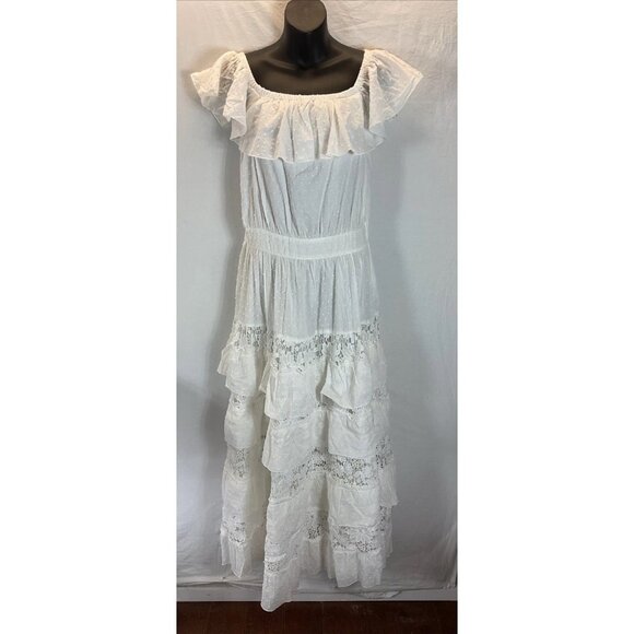 Boston Proper Off The Shoulder tiered Lace Maxi Dress White Beach‎ size M puff - Picture 1 of 13